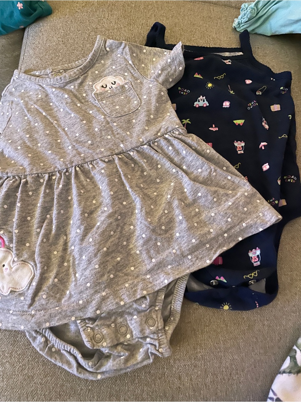 Gray Polka Dot Baby Outfit + Navy Print Outfit